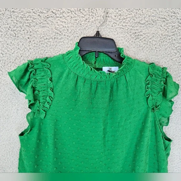 CeCe Womens Top Sz S Green Swiss Clip Dot Mock Neck Ruffles Teacher Career - Picture 3 of 12